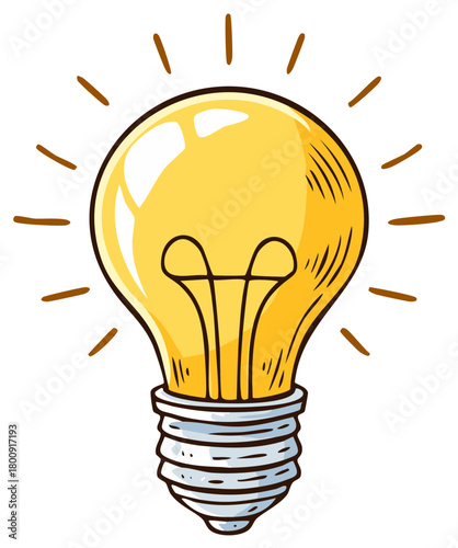 Hand drawn doodle style shining light bulb symbol of creative thinking and solutions