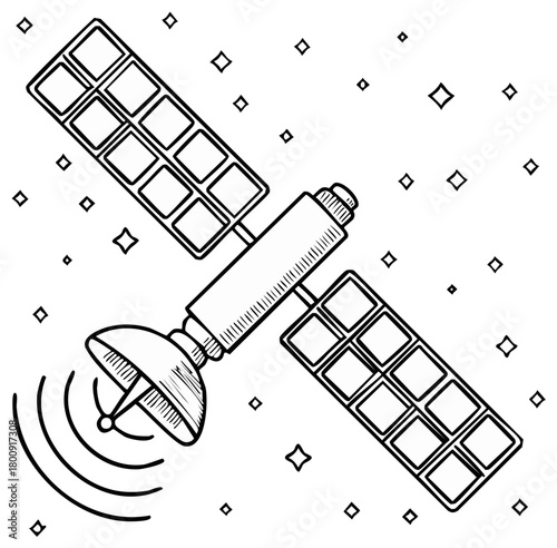 Hand drawn communications satellite with solar panels broadcasting a signal in outer space sketch