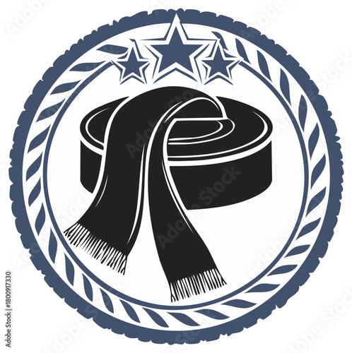 Ice Hockey Fan Emblem with Puck Scarf and Stars Vector Logo