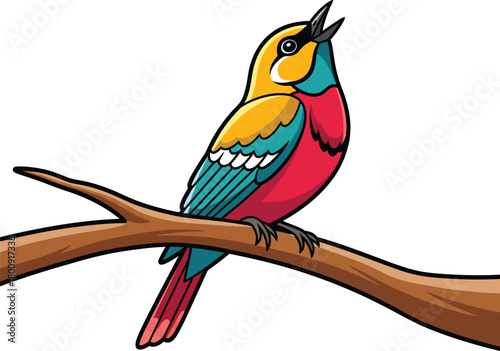 Colorful cartoon songbird with yellow blue and red plumage perched on a branch and singing.