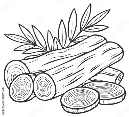 Outline illustration of a rustic pile of chopped firewood logs with tree rings and leaves