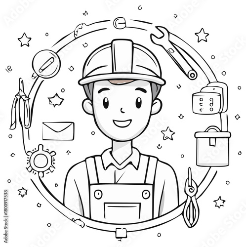 Friendly tradesperson with tools and symbols in a circular frame illustration