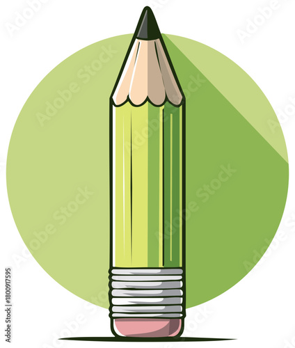 A simple illustration of a yellow pencil with a pink eraser and a sharp graphite tip against a green circle.