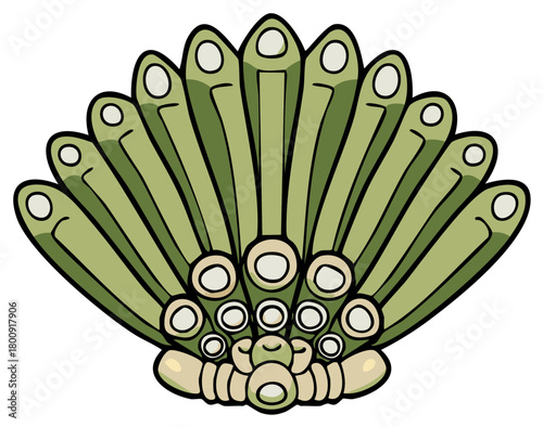 Ancient Mesoamerican fan headdress made of green quetzal feathers illustration