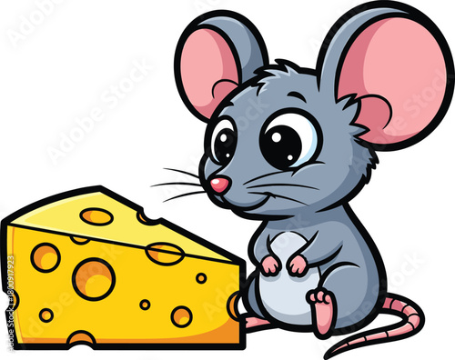 Cute grey cartoon mouse with big pink ears sitting next to a wedge of Swiss cheese.
