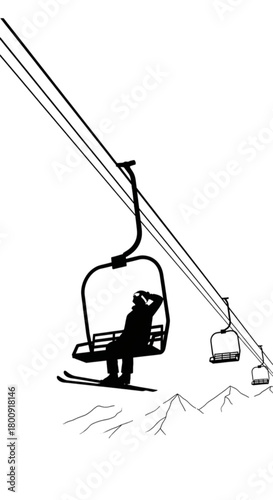 Minimalist line art illustration of a skier riding a chairlift.