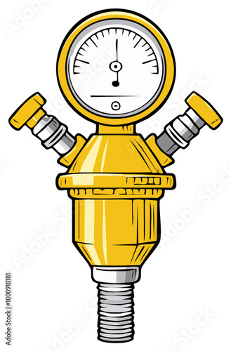 Yellow Pressure Gauge with Two Valves and Threaded Pipe