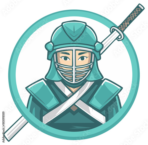 Japanese Kendo martial arts fighter in traditional protective armor with katana sword icon