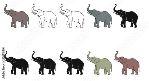 Collection of elephant illustrations in various colors and styles, showcasing animals form and silhouette