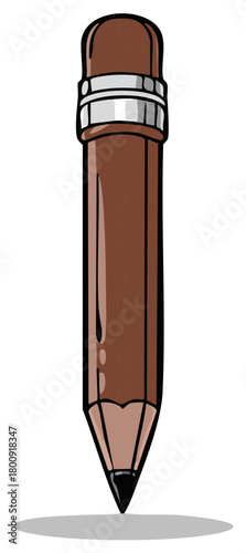 Simple vector illustration of a brown pencil with an eraser attached with a silver band, vertical view