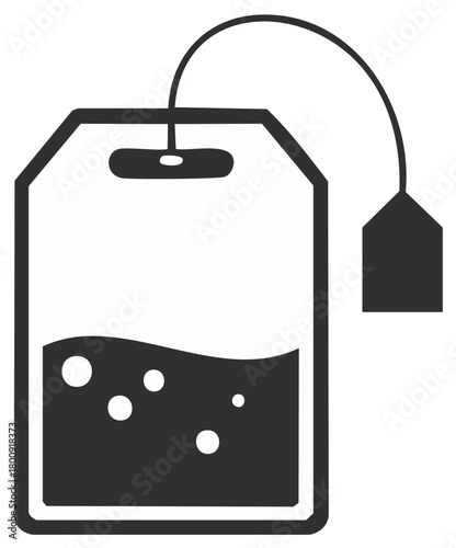 Simple black teabag graphic icon with string and tag brewing hot tea beverage liquid bubbles
