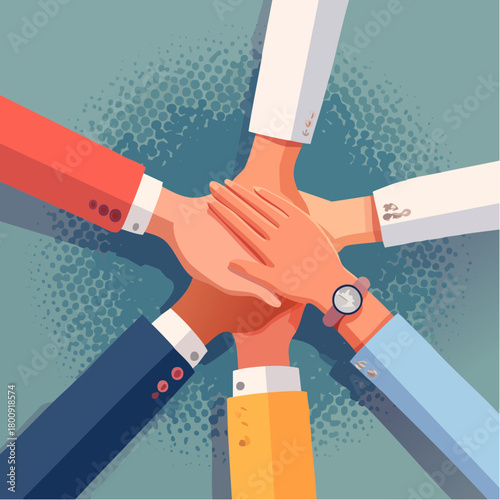 A symbolic illustration of a diverse group of business professionals joining hands in unity, representing successful teamwork, partnership, and collaboration towards a common goal