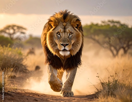 A majestic male feline with a full mane walks directly towards the camera on a dusty track in a warm, open landscape