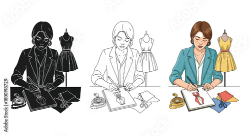 Set of three fashion designer illustrations in different styles, black silhouette, outline and color