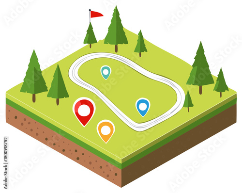 Isometric map with winding road, trees, and location pins in a stylized landscape
