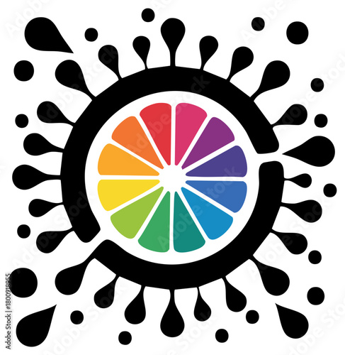 Vibrant rainbow color wheel citrus slice with a black ink splash vector icon