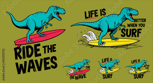 A collection of six separate, stylized vector illustrations for t-shirt prints, each featuring a turquoise-blue Tyrannosaurus Rex dinosaur with a cool slogan, set against a plain green background