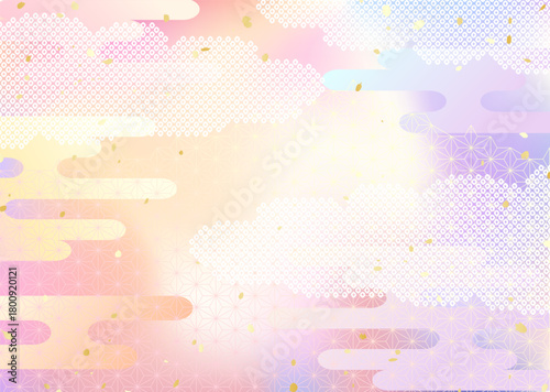 空のグラデーションと日本の伝統的な模様を組み合わせた和風背景イラスト
