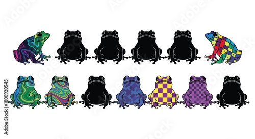 A vibrant row of colorful frogs, some in silhouette, showcasing diversity and individuality in a whimsical composition