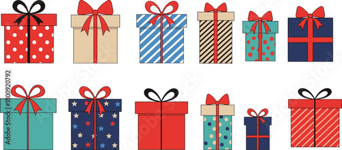 Collection of colorful gift boxes with bows, stripes, stars, and polka dot patterns, festive wrapped presents for celebrations, holidays, parties, birthdays