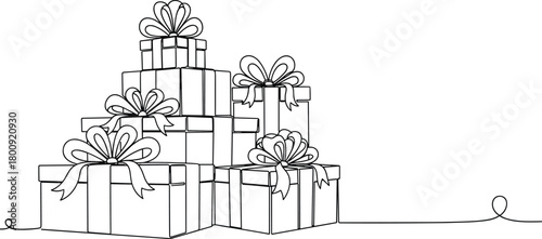 Stacked gift boxes illustration, festive present line art drawing with ribbons and bows, holiday outline design for celebration and decoration