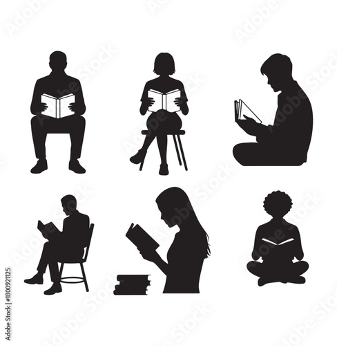 Reading People Silhouette Set, Book Lovers Vector Illustration.