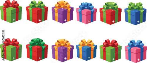 Colorful festive gift boxes with bows, vibrant holiday presents illustration for Christmas, birthdays, celebrations, party decorations, cheerful seasonal designColorful festive gift boxes with bows
