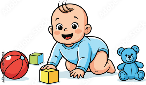 Happy crawling baby in blue onesie, surrounded by toys, smiling infant, indoor playtime, educational toddler moment, cheerful childhood development scene