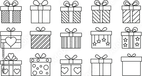 Black and white line art gift boxes with bows, hearts, stars, stripes, minimal outline present icons for holidays, birthdays, celebrations