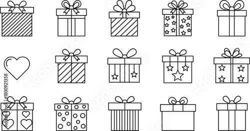 Black and white line art gift box icons with bows, hearts, stars, patterns, minimal outline present collection for holidays and celebrations