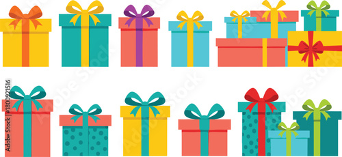 Colorful gift boxes illustration with bows and ribbons, festive present collection, holiday celebration packages, vibrant wrapped gifts, decorative design elements