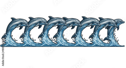 A group of dolphins jumping out of water in a row