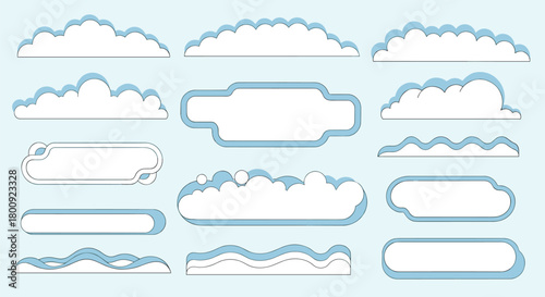 Collection of cartoon styled fluffy clouds and speech bubbles with blue outlines on a light blue background.