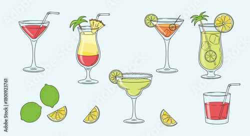 A collection of colorful and refreshing summer cocktails presented with fresh fruit garnishes.