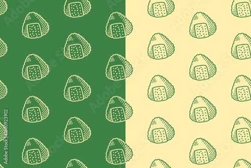 Onigiri rice ball line art seamless pattern on green white background set for Japanese food. Seaweed rice engraving doodle pattern background for packaging. Rice triangle hatching motif wallpaper