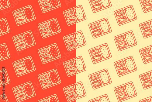 Bento box with rice, vegetables, tempura engraving pattern on red white background set for restaurant. Japanese lunchbox doodle pattern background. Rice and side dish bento hatching motif wallpaper