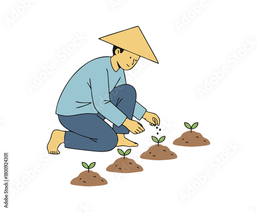 Gardener planting seeds in a row of small plants, conceptual illustration of agriculture and growth