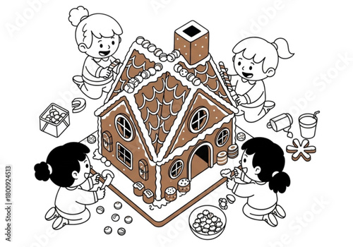 Four young girls happily decorating a large gingerbread house together.
