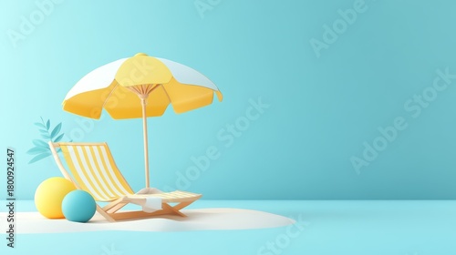 Wallpaper Mural 19.A lively 3D vector illustration featuring a yellow beach umbrella providing shade over a comfortable beach chair. Nearby, a colorful beach ball rests on the sand, ready for play. The scene Torontodigital.ca