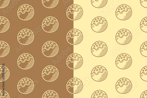 Takoyaki engraving seamless pattern on tan white background set for Japanese food. Fried octopus ball line art pattern background for packaging. Street food ball hatching motif wallpaper for merch