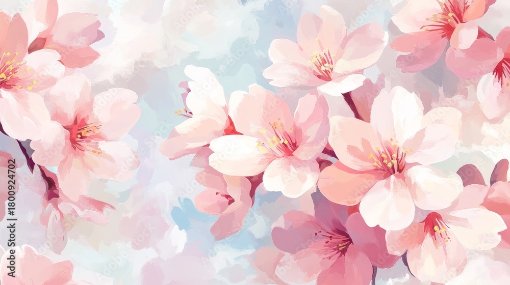 Naklejka premium 100.A seamless abstract floral pattern featuring pink cherry blossoms in various stages of bloom, with delicate petals painted in loose, expressive brushstrokes. The background is a soft, light hue