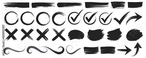 Big set of black brush stroke elements including checkmarks, crosses, circles, directional arrows, paint swatches arranged on white backdrop.
