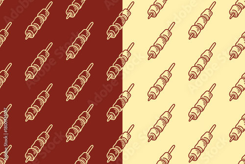 Meat satay doodle seamless pattern on brown white background set for restaurant. Barbecue skewer engraving pattern background for culinary. Grilled kebab stick hatched motif wallpaper for merch