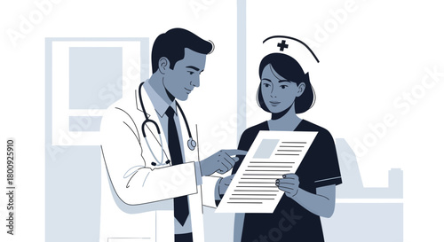 Medical Professionals Collaborating And Examining Paperwork For Patient Treatment in a Hospital