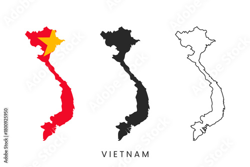 Vietnam Map Silhouette and Flag Outline Vector Set