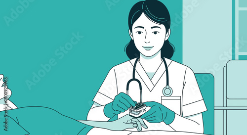 Medical Professional Checking Patient's Oxygen Levels Using Pulse Oximeter Device Illustration