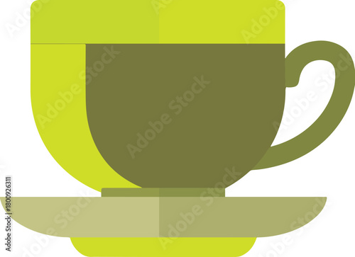 Olive green coffee cup and saucer vector illustration with lime green accent isolated on transparent background