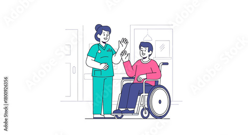 Medical Professional Giving High Five To Patient In Wheelchair: Healthcare Illustration