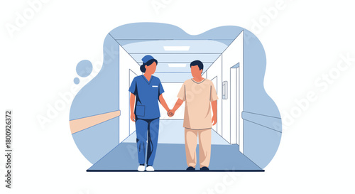 Medical Professional Guides Patient Through Hospital Corridor Towards Recovery