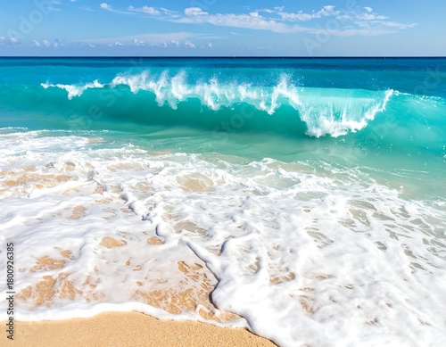 Fototapeta Naklejka Na Ścianę i Meble -  A vibrant ocean wave is about to crash on a sandy beach under a blue sky with fluffy clouds